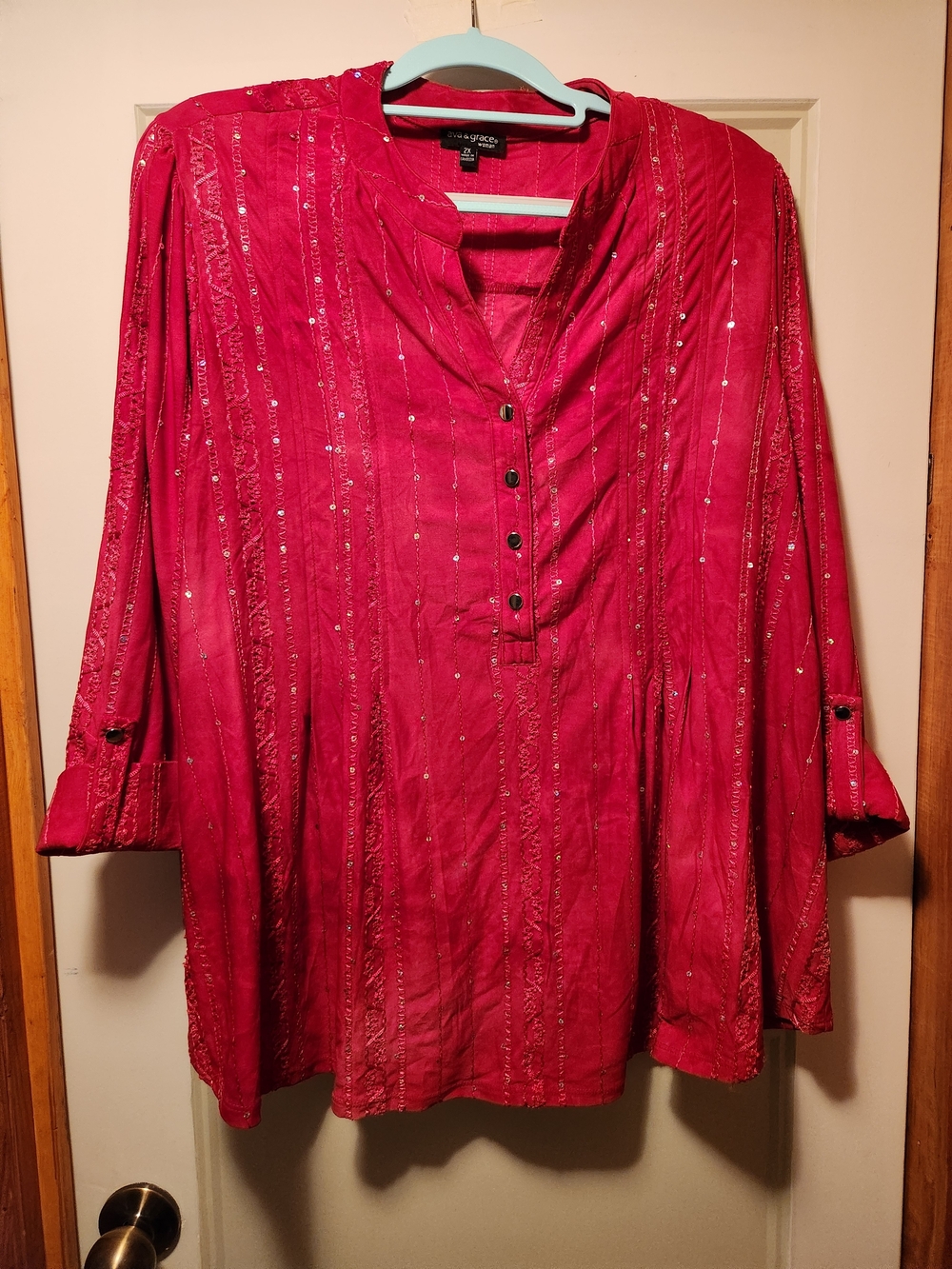 Ava & Grace Fuchsia Sequin-Trim Split-Neck Tunic